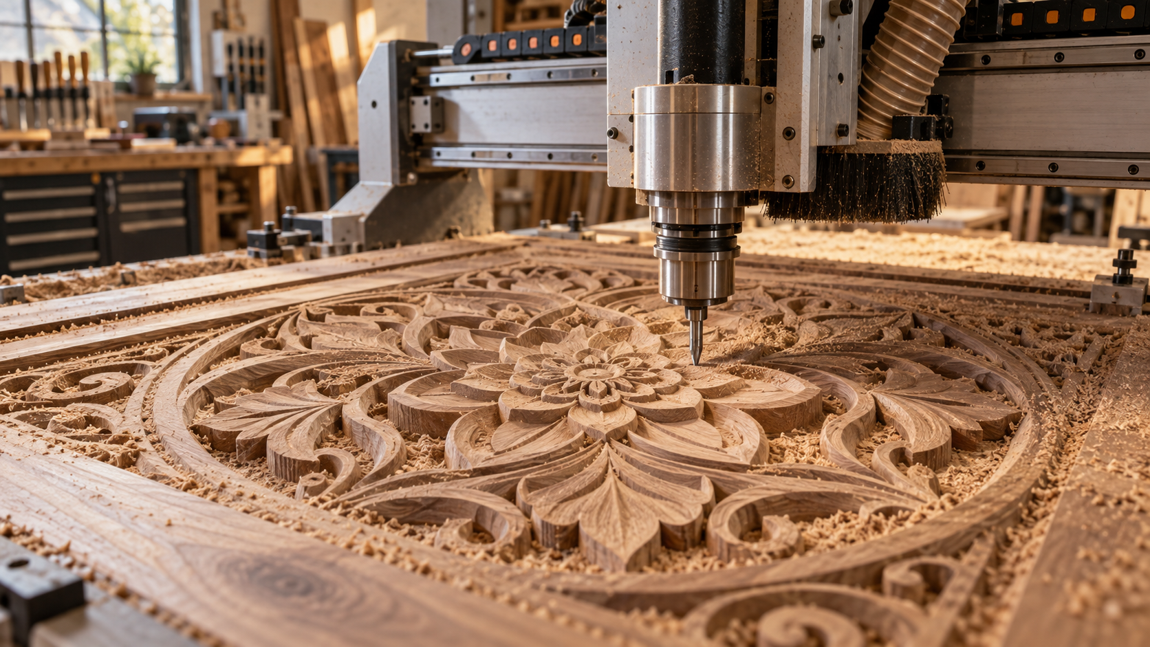 CNC router carving an intricate decorative wooden panel